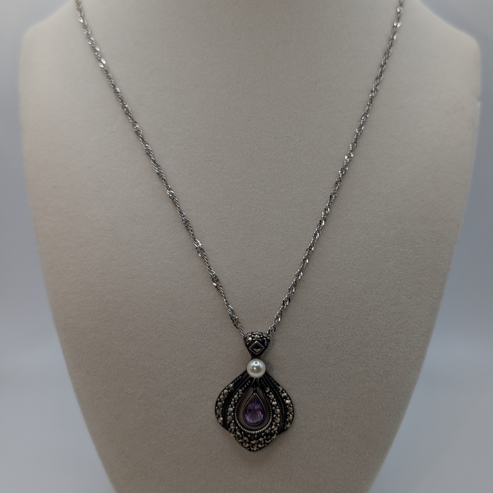 Marcasite, Amethyst, Pearl And Silver Necklace - Picture 2 of 6